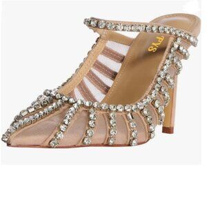 FYS Nude Slip on Pointed Toe Mules Bridal Sandals High Heels Rhinestone Shoes